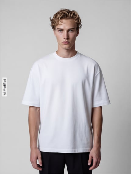 Männermodel trägt weißes Relaxed Fit T-Shirt mit Rundhalsausschnitt Modell 'OSCAR' von SELECTED HOMME, reine Baumwolle, Ganzkörperansicht von vorne, KI-modifiziertes Bild.