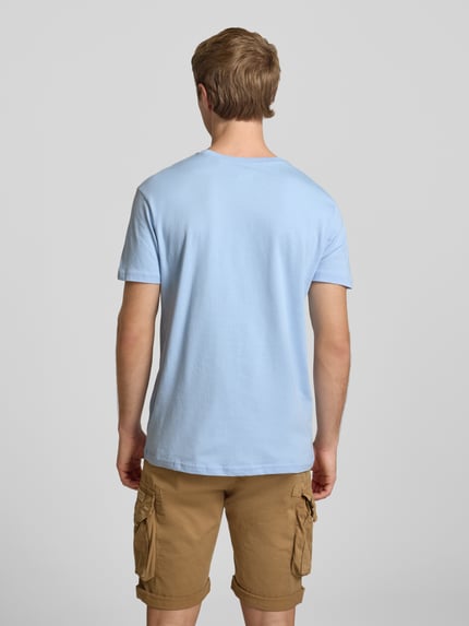 Männermodel trägt T-Shirt mit Logo und Rundhalsausschnitt von Alpha Industries aus Reine Baumwolle, Regular-Fit, Rückenlänge 67 cm, Ganzkörperansicht Rückansicht.