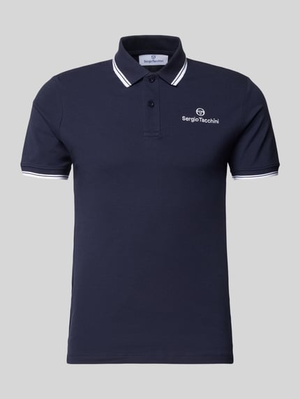 Produktfoto, Slim Fit Poloshirt mit Logo-Stitching Modell 'Reed' von SERGIO TACCHINI aus elastischem Baumwoll-Mix, dunkelblau mit weißen Details, kurzärmeliges Design und Polokragen, Rückenlänge bei Größe M 71 cm