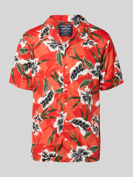 Productfoto, Regular Fit Freizeithemd met reverskraag van Superdry, oranje met witte en zwarte bloemenprint, pure katoen, modern fit, knoopsluiting, ruglengte maat M 66 cm, schouderbreedte 41 cm, mouwlengte 18 cm