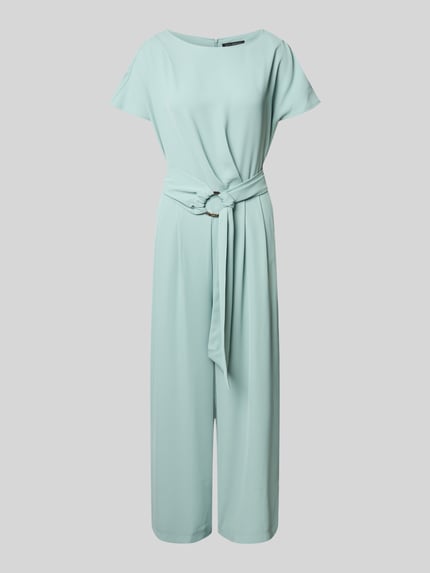 Produktfoto, Jumpsuit mit Stretch-Anteil von Betty Barclay in mintgrünem Elastischer-Material-Mix, Regular-Fit, Rundhalsausschnitt, Gürtel, Kurzärmelig, 7/8-Länge, Gelegte Falten, Rückenlänge 38 cm, Brustweite 37 cm, Ärmellänge 23 cm, Gesamtlänge 127 cm, Innenbeinlänge 58 cm