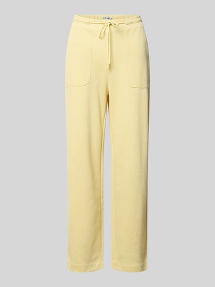 Produktfoto, Hose mit elastischem Bund Modell 'KATE PIQUE' van ICHI in lichtgeel katoenmix met vetersluiting, regular fit, dames, bandwijdte maat S 40 cm, binnenbeenlengte 70 cm