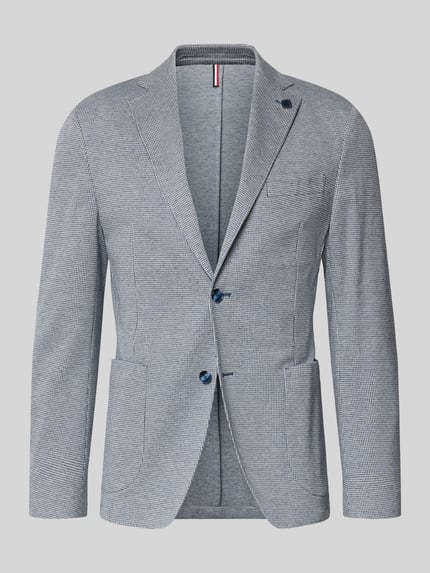 Produktfoto, Regular Fit Blazer mit Zierstein von HECHTER PARIS aus Baumwoll-Mix, Reverskragen, Brusttasche, aufgesetzte Taschen, 2-Knopfleiste, feine Struktur, Grau und Blau.
