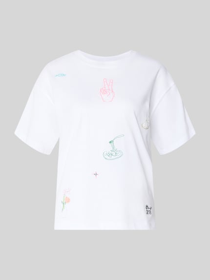 Produktfoto, Regular Fit T-Shirt aus reiner Baumwolle Modell 'EMMINA' von Only, efekt: jednolity kolor, hafty, okrągły dekolt, krótki rękaw, damski t-shirt, bawełna