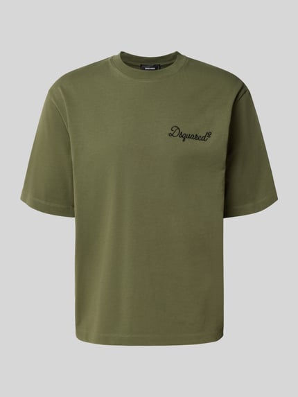 Produktfoto, Relaxed Fit T-Shirt aus reiner Baumwolle mit Logo-Stickerei von Dsquared2, olivgrün, glatte Textur, Halbarm, gerippter Rundhalsausschnitt, reiner Baumwolle, Herren T-Shirt, Szerokość w rozmiarze M: 61 cm