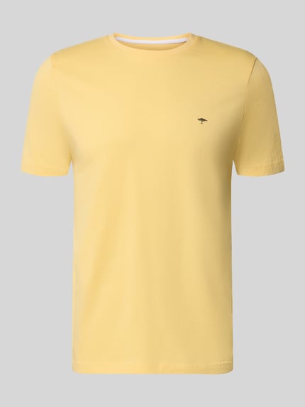 Produktfoto, t-shirt met ronde hals en labelstitching van Fynch-Hatton in effen lichtgeel, puur katoen, regular fit, ruglengte maat M 71 cm