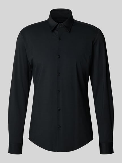 Produktfoto, Slim Fit Freizeithemd mit Kentkragen Modell 'ROAN' von BOSS, unifarben schwarz, langarm, Stretch, einreihige Knopfleiste.