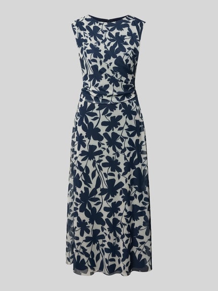 Produktfoto, Regular Fit Midikleid mit floralem Allover-Print von Swing aus elastischem Material-Mix, ärmellos, taillierte Passform, dunkelblauer Floraler-Print auf hellem Grund, sanfte Raffungen, Rundhalsausschnitt, Nahtreißverschluss, blickdichter Unterrock