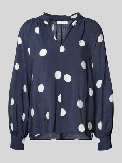 Productfoto, blouse uit viscosemix met serafinohals van Christian Berg Woman, donkerblauw met witte stippen, loose fit, verlengde rug