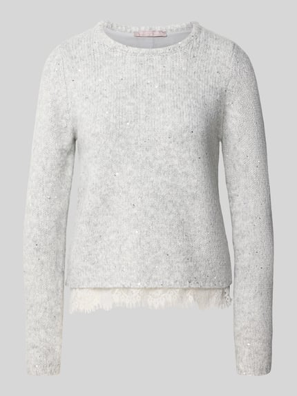 Produktfoto, Regular Fit Pullover mit Woll-Mohair-Anteil van Christian Berg Woman Selection, Materiaalmix, Tricotlook, met pailletten, met kant, met lange mouwen, ruglengte maat S 47 cm, mouwlengte 67 cm.