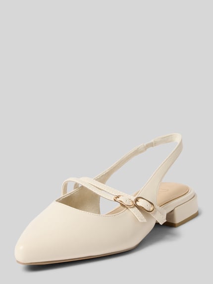 Produktfoto, Slingback Ballerinas mit Blockabsatz und Riemchen von Marco Tozzi in spitz zulaufender Form, leicht strukturierte Sohle, Absatzhöhe: 3 cm, Farbe creme.