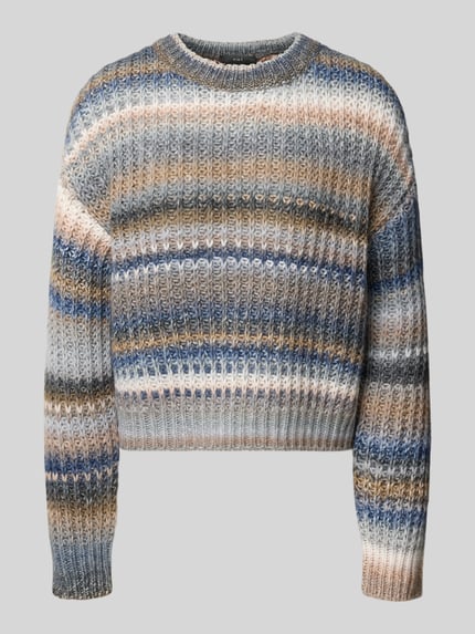 Productfoto, Relaxed Fit Strickpullover aus Woll-Mix mit Streifen-Muster van Oui, elastische boorden, damestrui met gemêleerde kleuren, ruw gebreide structuur, ruglengte 51 cm, mouwlengte 56 cm