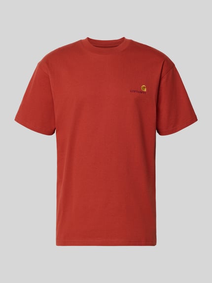 Produktfoto, T-shirt met labelstitching en ronde hals van Carhartt Work In Progress voor heren, puur katoen, regular fit, ruglengte maat M 73 cm, roestrood, effen met zachte textuur