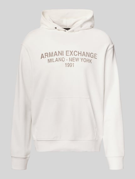 Produktfoto, Hoodie mit Label-Print von Armani Exchange in Weiß, reine Baumwolle, lockerer Schnitt, Kapuze, Kängurutasche, elastische Abschlüsse