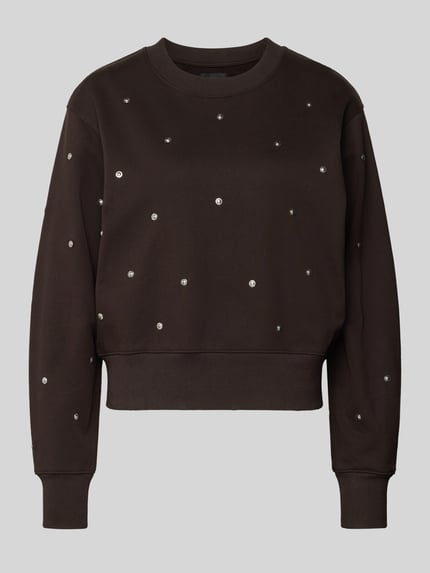 Produktfoto, Sweatshirt met geribde boorden van G-star, dames, puur katoen, los model, ronde hals, donkerbruin met kleine studs.