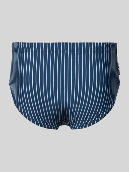 Produktfoto, Badehose im Allover-Look mit Reißverschlusstasche von Schiesser, granatowe i białe pionowe paski, dopasowany krój, elastyczny pas