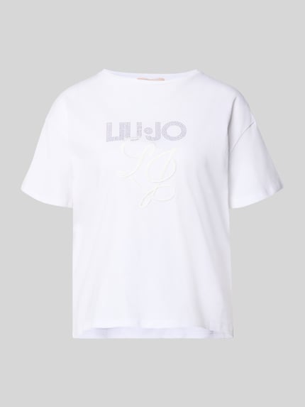 Produktfoto, T-Shirt mit Label-Stitching und Ziersteinbesatz von Liu Jo White, weiße Reine Baumwolle, Regular-Fit, Rundhalsausschnitt, Rückenlänge 56 cm bei Größe S.