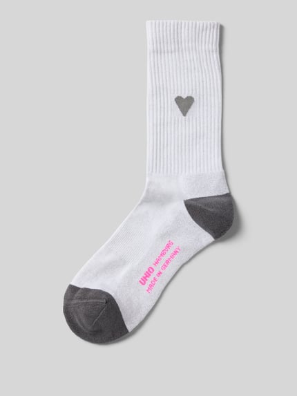 Productfoto, witte en grijze Socken mit Label-Print van Unio, katoen-metaalmix met stretch, geribbelde boord en labelprint.