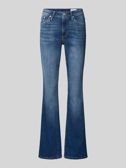 Produktfoto, blauwe katoendenim Slim Fit Bootcut-Jeans aus Baumwoll-Mix Modell 'BEVERLY' van s.Oliver RED LABEL, lichte wassing, rechte pijpen, bootcut-stijl