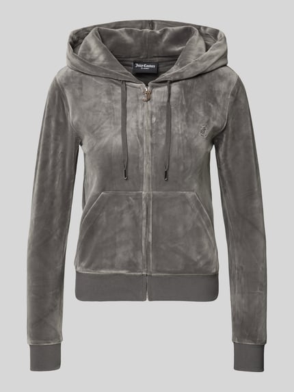 Produktfoto, Sweatjacke mit Label-Stitching Modell 'ROBERTSON' von Juicy Couture, szary aksamit, regular fit, kaptur z troczkiem, suwak, kieszeń typu kangur