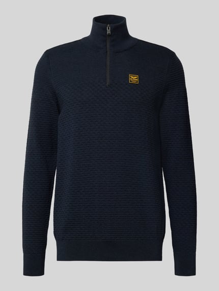Produktfoto, granatowy Strickpullover mit gerippten Abschlüssen von PME Legend, bawełna, regular fit, stójka, zamek, tekstura dzianiny