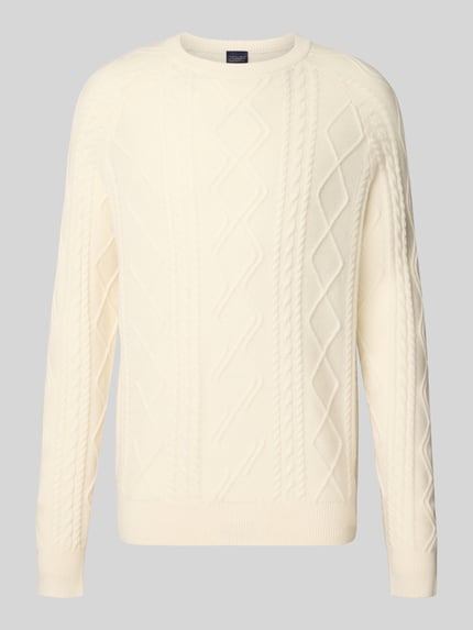 Christian Berg Men Regular Fit Strickpullover mit Zopfmuster Offwhite Melange 1