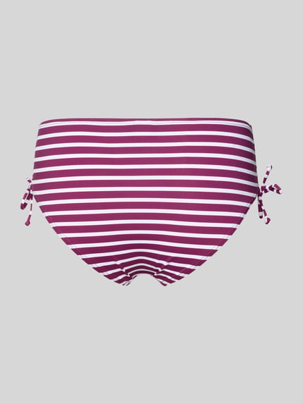 Produktfoto, Bikinihose mit Raffungen Modell 'Tadu' von VENICE BEACH in Lila-Weiß mit Streifen, seitlichen Bändern und enganliegender Passform.