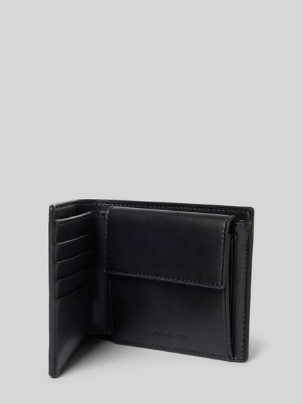 Produktfoto, Portemonnaie mit Label-Detail Modell 'HUDSON BILLFOLD' von Michael Kors, schwarzes Leder, diverse Kartenfächer, Münzfach z detalem z logo, kontekst: portfel męski, wnętrze, portfel Michael Kors