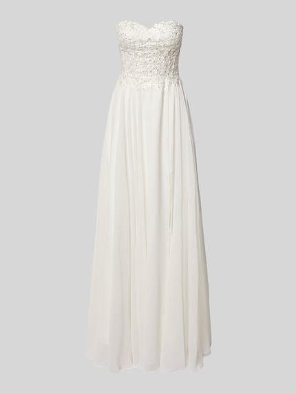 Produktfoto, długa sukienka z odkrytymi ramionami Maxikleid im Off-Shoulder-Look von Luxuar z szyfonu, hafty, taliowany krój, długość tyłu w rozmiarze 36: 130 cm, szerokość klatki piersiowej w rozmiarze 36: 40 cm, kolor biały, delikatna tekstura