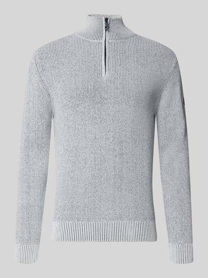 Produktfoto, Regular Fit Troyer aus Baumwoll-Mix von Tom Tailor in Optik: Unifarben und Strickoptik mit Label-Stitching-Applikation, Reißverschluss, Langarm, gerippter Ärmel- und Rumpfabschluss, Materialverarbeitung: Strick, Material: Baumwoll-Mix