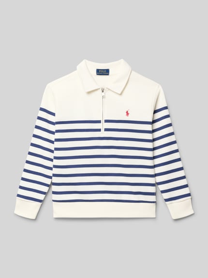 Produktfoto, Regular Fit sweatshirt uit katoenmix van Polo Ralph Lauren Kids, all-over gestreept motief, gestikt logo, overhemdkraag met ritssluiting, lange mouwen, geribde mouw- en rompzoom, sweatmateriaal