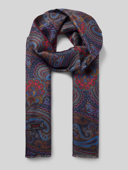 Produktfoto, Schal aus Seide Schurwolle mit Fransen von ASCOT, Allover-Paisley-Muster, mehrfarbig, Satintextur, Label-Patch, Fransenabschlüsse