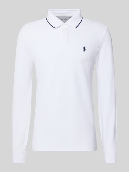 Produktfoto, Poloshirt mit Label-Stitching van Polo Ralph Lauren in wit, mix van katoen en elastaan, regular fit, polokraag, korte knoopsluiting, ribboorden, ruglengte maat M 70 cm