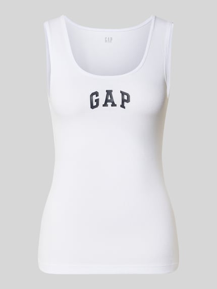 Productfoto, Slim Fit Top met logo-print van GAP in wit met zwarte letters, katoenmix, ronde hals, ruglengte maat S 58 cm