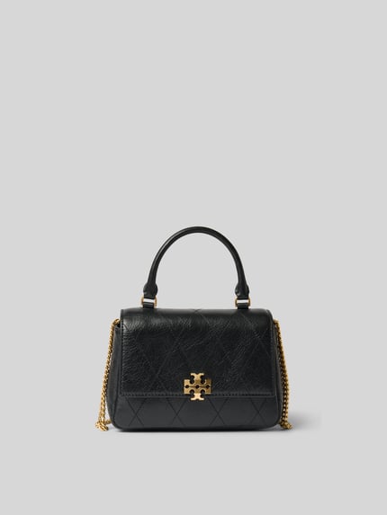 Productfoto, Crossbody Bag in Stepp-Optik van Tory Burch, zwart leer met stiksels, logodetail, kettinglook draagriem, hoofdvak met overslag, binnenvak met ritssluiting, breedte 16 cm, lengte 12 cm, diepte 6 cm