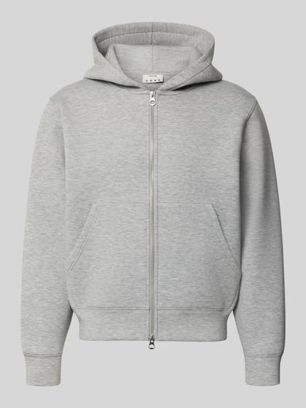 Produktfoto, Relaxed Fit Sweatjacke mit Zweiwege-Reißverschluss von JACK & JONES, grau, elastischer Material-Mix, Känguru-Tasche, elastische Abschlüsse