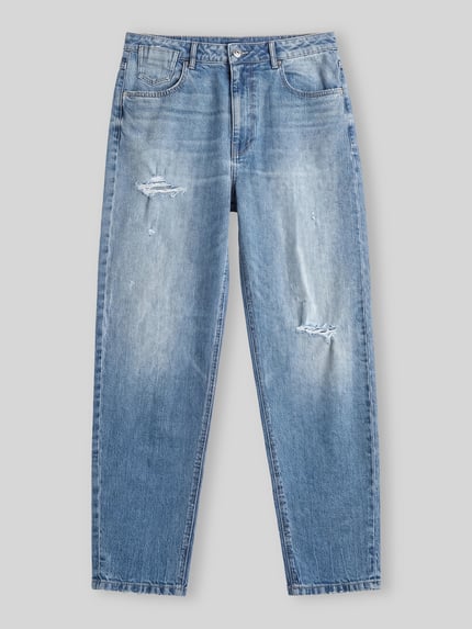 Produktfoto, blaue Mom Fit Jeans aus Baumwoll-Mix mit Used-Effekten und heller Waschung, Mom Fit Jeans aus Baumwoll-Mix - s.Oliver x Heidi Klum von s.Oliver RED LABEL, Damen Mom Fit Jeans von s.Oliver RED LABEL