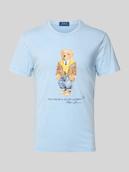 Produktfoto, T-shirt z nadrukiem z logo 'T-Shirt mit Label-Print' od Polo Ralph Lauren, niebieski, bawełna, krój slim fit, okrągły dekolt, długość tyłu 68 cm w rozmiarze M.
