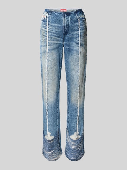 Produktfoto, Skinny Fit Jeans aus reiner katoen van Diesel, destroyed-look, 5-pocketmodel, franjes aan de boorden, binnenbeenlengte maat 26: 37 cm, bandwijdte maat 26: 82 cm