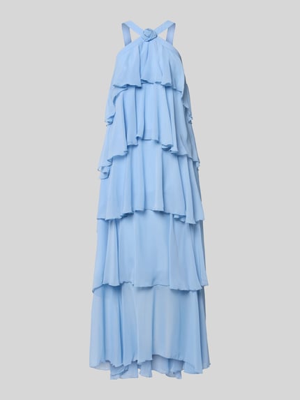 Produktfoto, Volant Abendkleid mit V-Ausschnitt Modell 'FELICIA' von Vero Moda, Optik: Unifarben, Passform: Volantkleid, Maxi-Länge, Ausschnitt: V-Ausschnitt, Verschluss: Nahtreißverschluss, Materialverarbeitung: Chiffon, zartes Hellblau, geschichtete Volants, fließende Textur