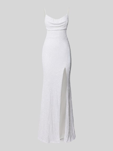 Produktfoto, Abendkleid aus Pailletten von Hey Kyla in Weiß, elastischer Material-Mix, Spaghettiträger, Gehschlitz, Maxilänge, schimmernde Textur