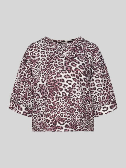 Produktfoto, Relaxed Fit T-Shirt aus Viskose-Mix mit Allover-Animal-Print von Marc Cain, wzór zwierzęcy, okrągły dekolt, półrękaw, damska koszulka