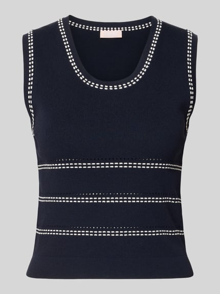 Produktfoto, Stricktop aus Viskose-Mix mit Rundhalsausschnitt von Liu Jo White, krój slim fit, hafty, długość tyłu w rozmiarze S: 47 cm, kolor granatowy z białymi detalami, gładka tekstura