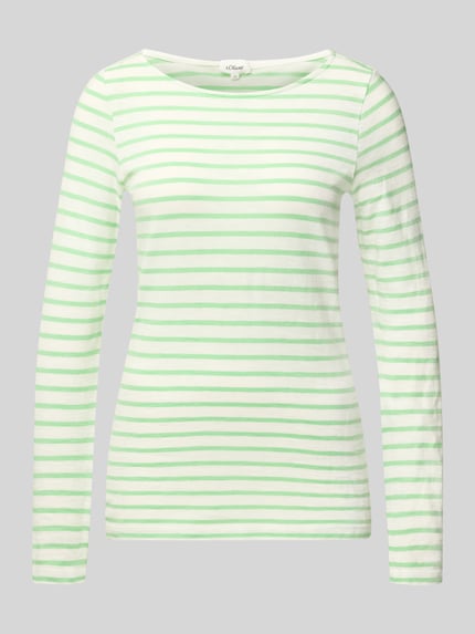 Produktfoto, Regular Fit Langarmshirt aus reiner Baumwolle von s.Oliver RED LABEL, wzór w paski, kolory: biały i jasny zielony, krój regular fit, dekolt w łódkę, długi rękaw, materiał: bawełna