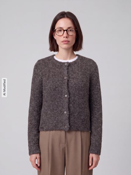 Frauenmodel trägt Regular Fit Strickjacke mit Woll-Anteil Modell 'NOVAH' von VERO MODA in meliertem Dunkelgrau, Ganzkörperansicht von vorne, Damen Strickjacke, KI-modifiziertes Bild.