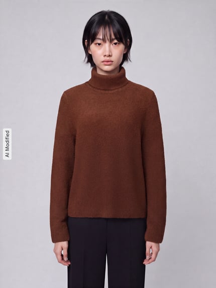 Frauenmodel trägt Relaxed Fit Turtleneck-Pullover aus Schurwoll-Kaschmir-Mix Modell 'Febisana' von BOSS in Braun, Damen Turtleneck-Pullover, Ganzkörperansicht von vorne, KI-modifiziertes Bild.