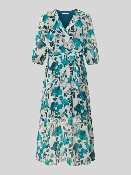 Produktfoto, Midikleid in Wickel-Optik Modell 'Mo44moo' von ZABAIONE aus Chiffon in Türkis-Weiß mit Allover-Blumenmuster, A-Linie, Bindegürtel, V-Ausschnitt.