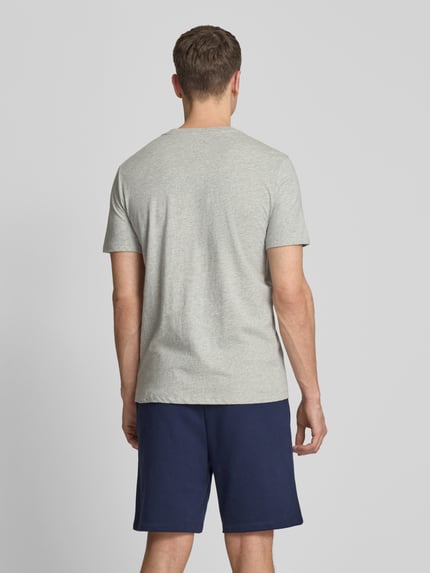 Männermodel trägt T-Shirt mit Logo und Rundhalsausschnitt von GAP in Grau, Reine Baumwolle, Regular-Fit, Rückenlänge 69 cm, Ganzkörperansicht Rückansicht.