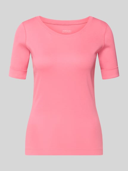 Produktfoto, T-shirt met ronde hals en 1/2-mouwen van Marc Cain, mix van katoen en elastaan, slim fit, ruglengte maat 36: 56 cm, roze.