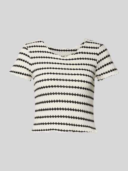 Produktfoto, Slim Fit Crop Top mit Baumwoll-Anteil Modell 'EVA LIFE' von Only in Optik:Allover-Muster, Regular-Fit, Rundhals, Kurzarm, Strick, schwarz-weiß gestreift